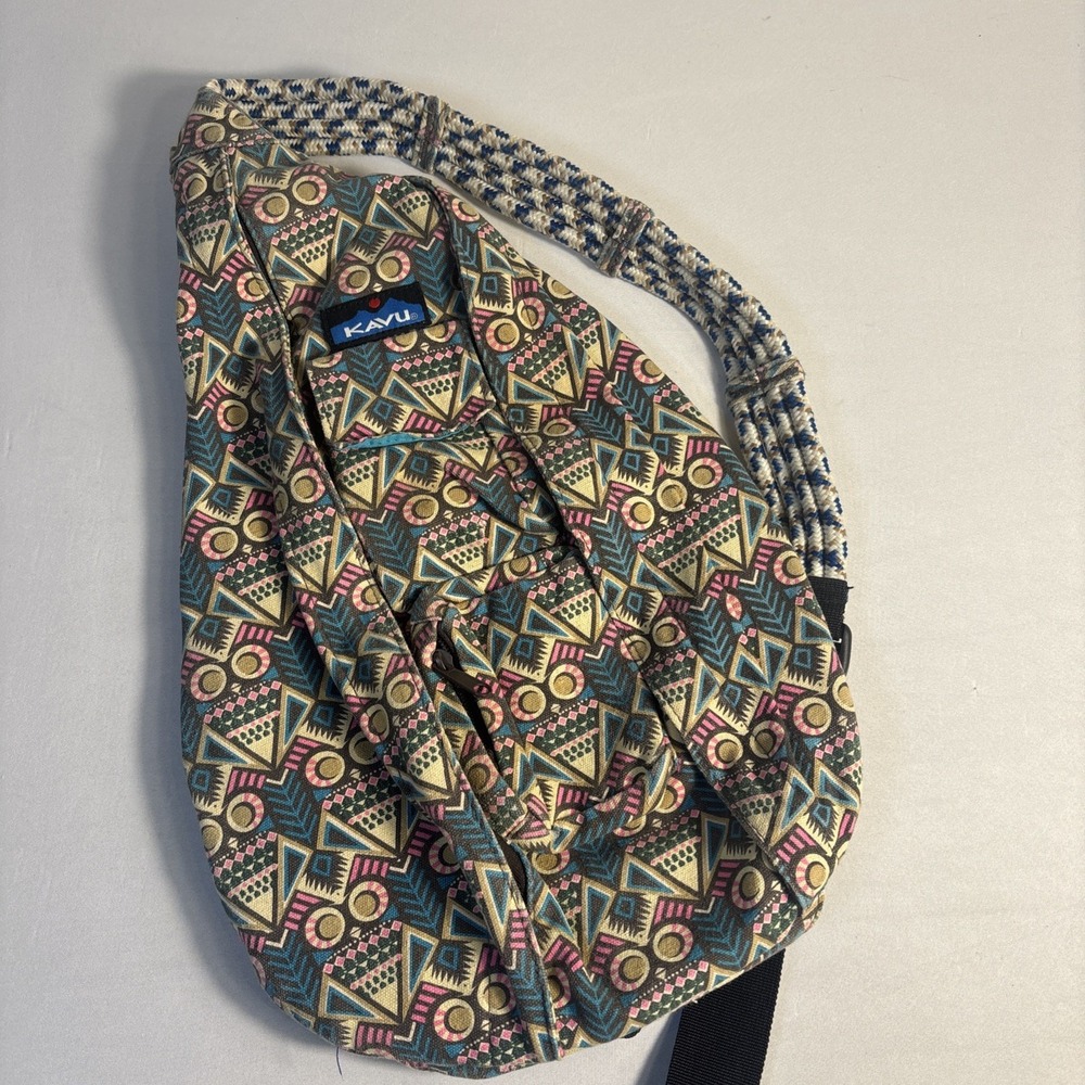 KAVU Rope Bag Aztec Geometric Print Sling Crossbody Backpack Outdoor Hiking READ